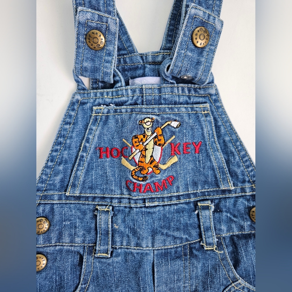 Vintage 90s Y2K Winnie the Pooh Tigger Hockey Champ denim overalls Disney Baby